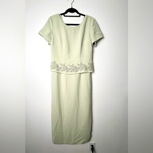 Vintage Drop Waist Sage Green Dress  W/ Beading Sz 10 Short Sleeve Zip Close.